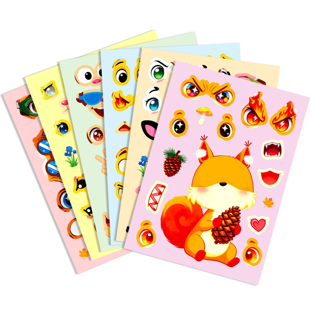 6 Sheets/Pack Big-Eyed Animal Cartoon Puzzle Face-Changing Sticker Squirrel Giraffe Fun Handmade Collage