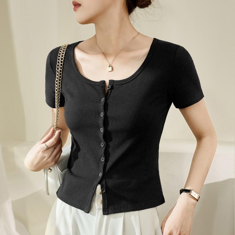 Women's Single Row of Buttons T-shirt Short-sleeved Summer New Threaded Cotton High-waisted Short Tops