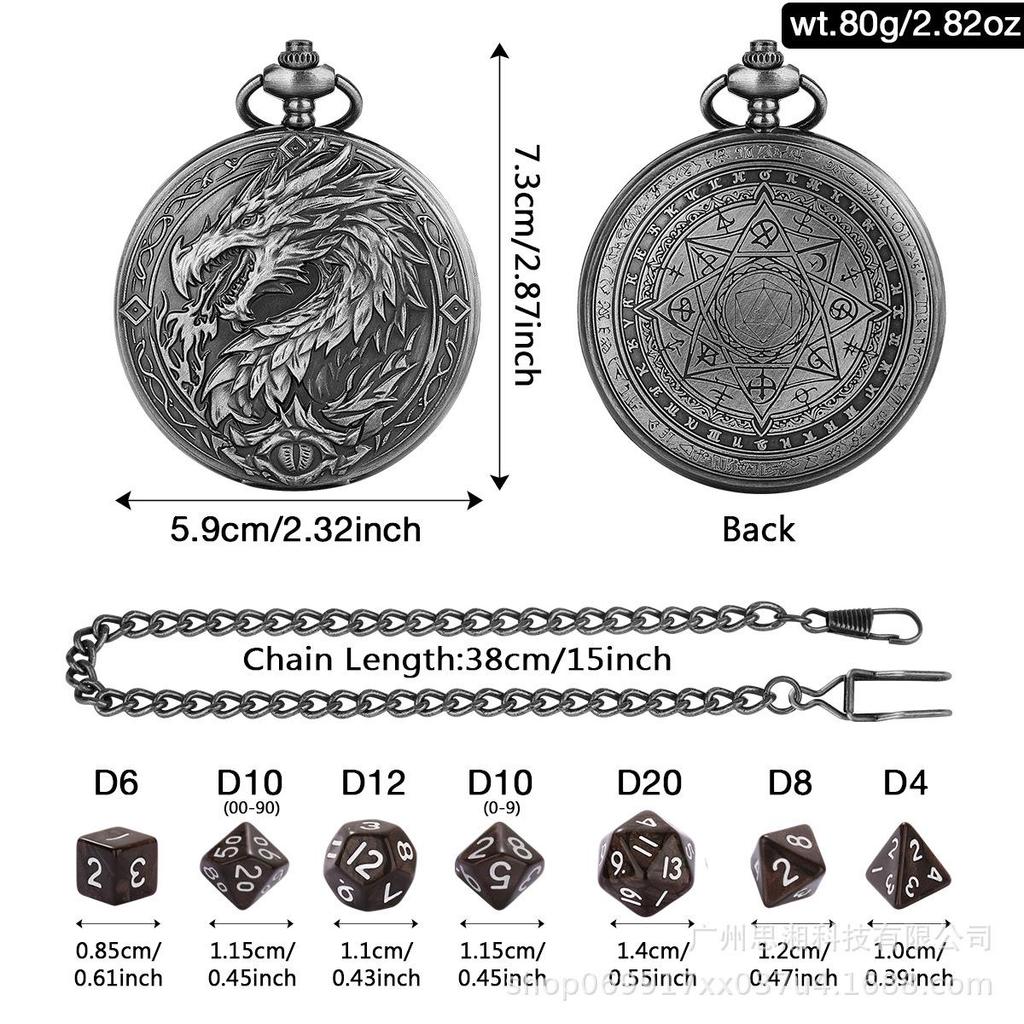 Extra-Large Retro Dragon Fire Pocket Watch Case with DND RPG Dice for Board Games