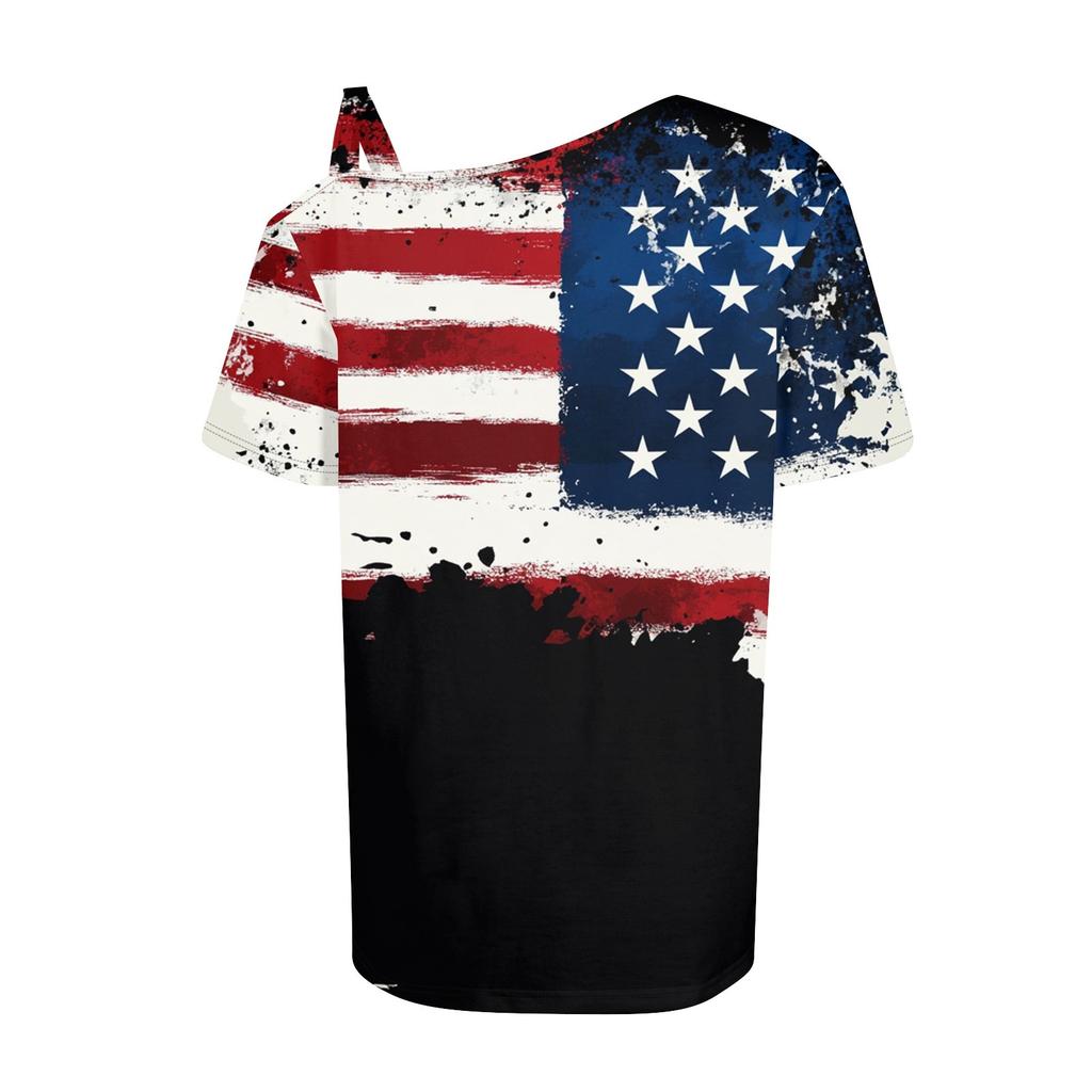 Women's Fashion Casual Independence Day Print Sexy Cold Shoulder Short Sleeve T-shirt Top