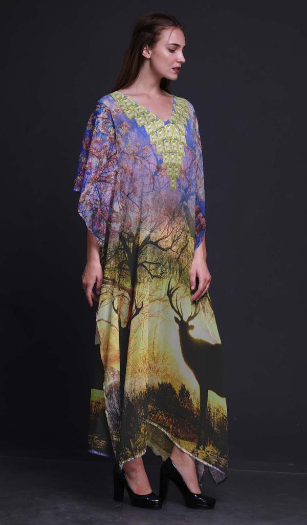 Phagun Deer Animal Ladies Plus Size Kaftan Summer Wear Beach Coverup Kimono