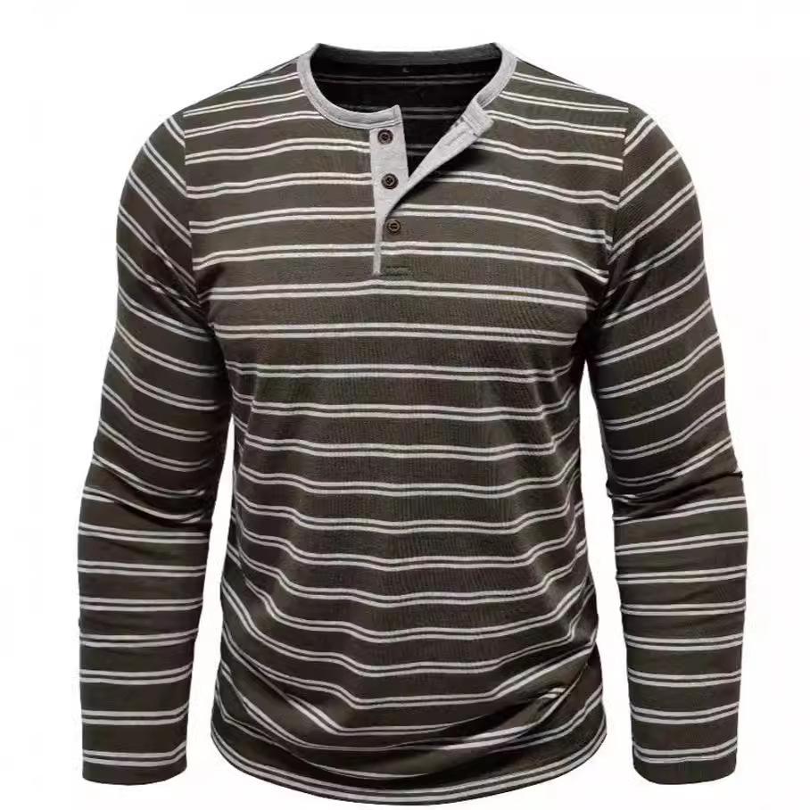 Gestreiftes Henley-T-Shirt für Herren, lässig, langärmelig, leichte Pullover-Shirts mit Knopfleiste, Stretch-T-Shirts, Tops, Herren-Workout, athletische Henley-Shirts mit schmaler Passform