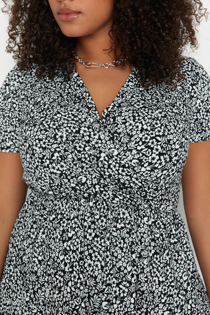 Damenmode Neues Plus-Big-Size-Kleid Grünes Strickkleid mit V-Ausschnitt und Blumenmuster