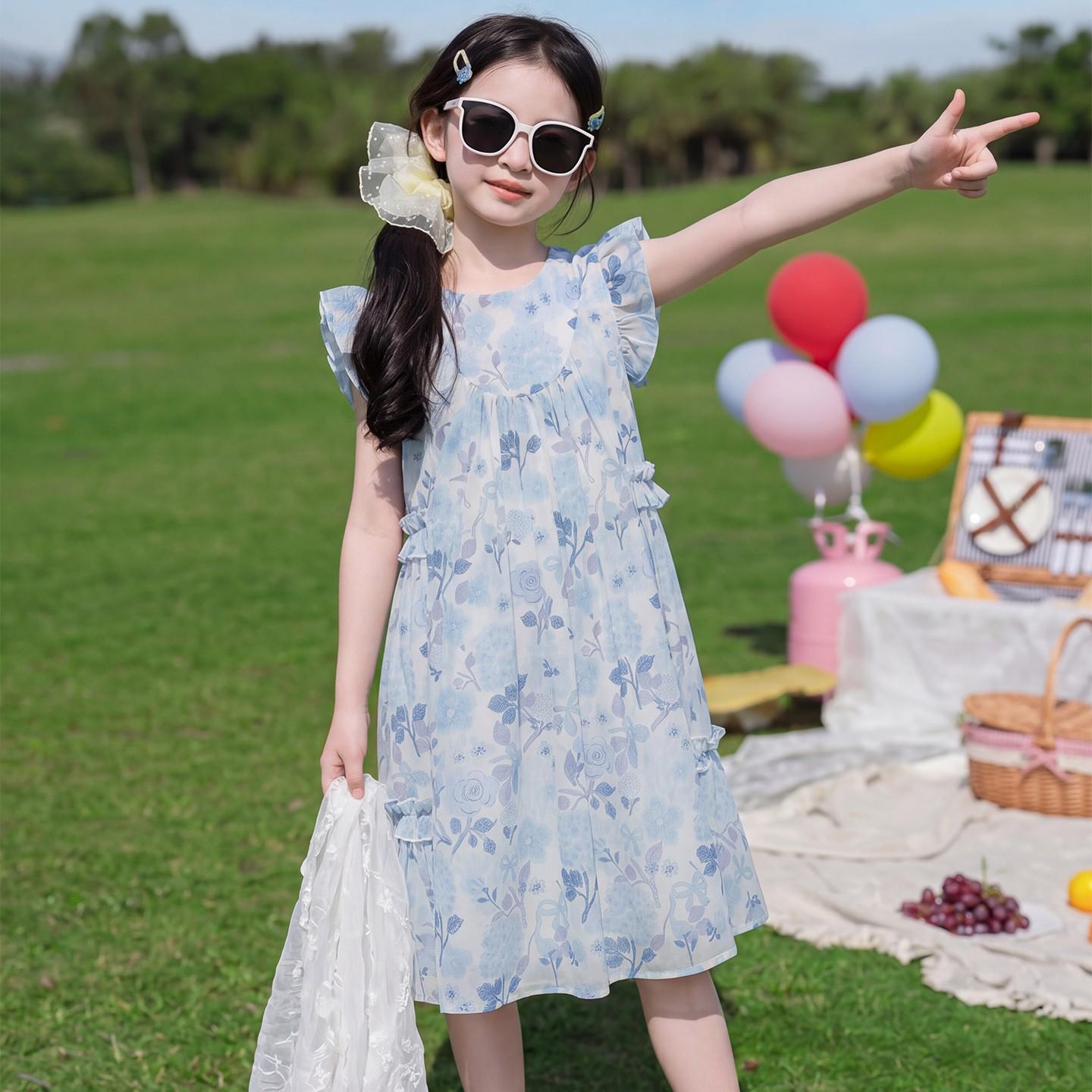 2026 Girls  Floral Print Pink Flutter Sleeve Summer Midi Dress - Sweet and Stylish Princess Design 120