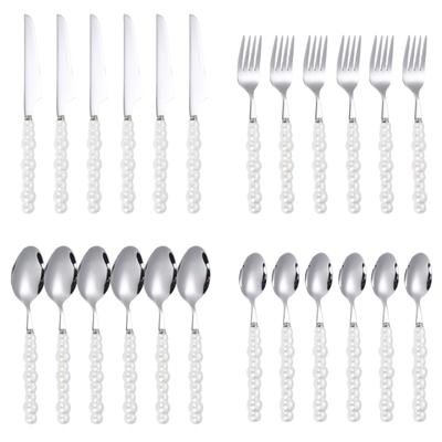 Juego de Cubiertos de Acero Inoxidable con Mango de Perla de 24 Piezas Cuchillo Forjado de Lujo Tenedor Cuchara Kits de Cuchara de Concha Postre Bistec Vajilla de Mesa
