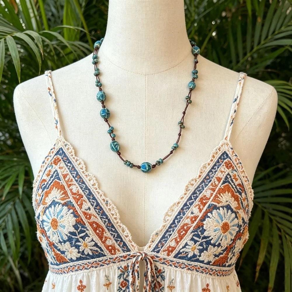 Bohemia Beaded Necklaces Ethnic Style Sweater Chain Fashion Jewelry Ceramic Chain  For Women