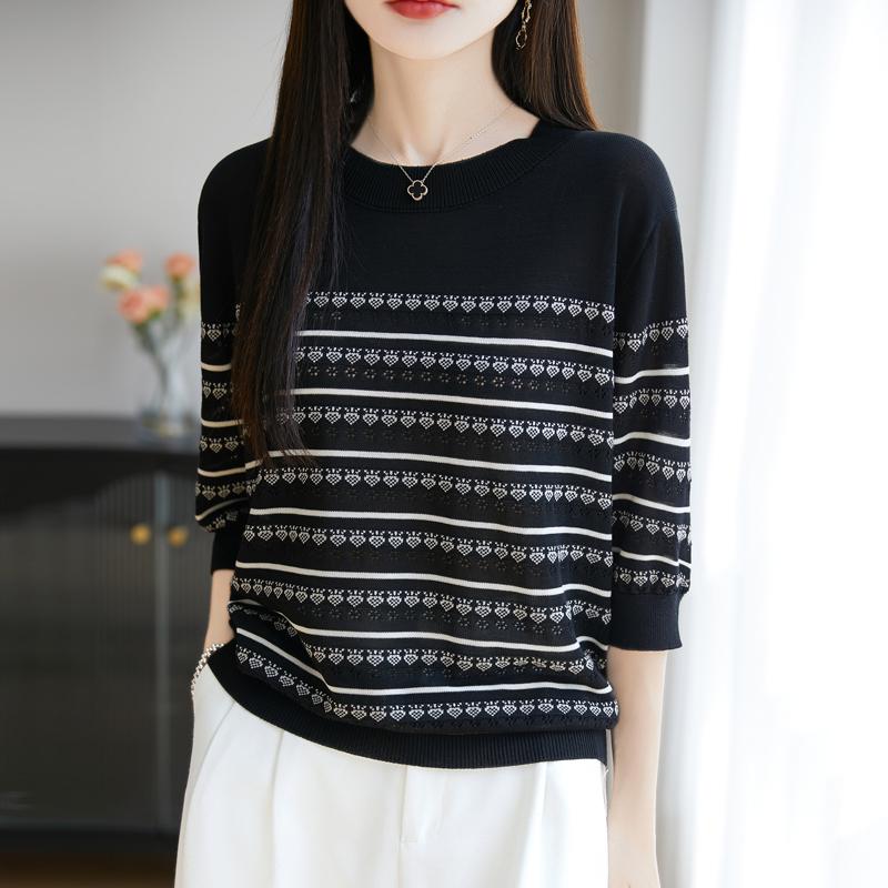 Women Knit T-shirt MODERN NEW SAGA Summer Knitted Shirt Short Sleeve Tees O-neck Patchwork Pullover Knit Tops