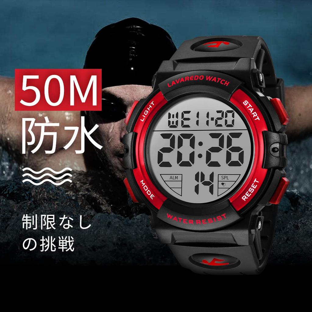 Senors Watch Digital Sports 50m Waterproof Stylish Multifunctional LED Display Outdoor Watch Men's (3-Red)