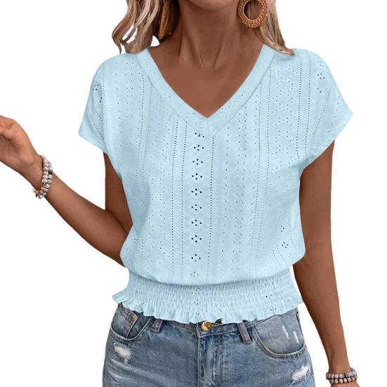 Dámské topy Výstřih do V Krátký rukáv Žakárová dekorace Pulovrové topy Jednobarevné Volný střih Elastický lem Tričko