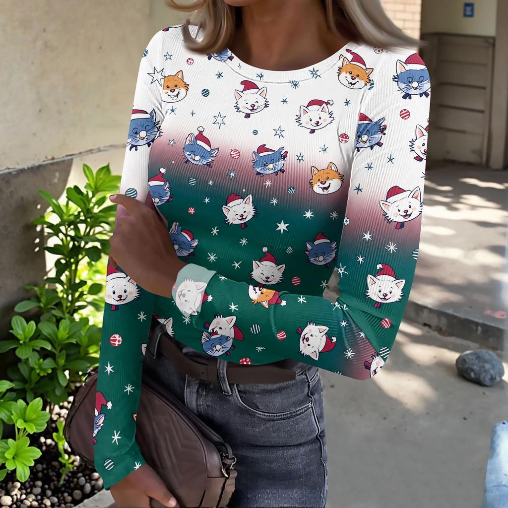 Women's Slim Fit Long Sleeve Base Layer T-Shirt with Christmas Print, Round Neck Pullover Top