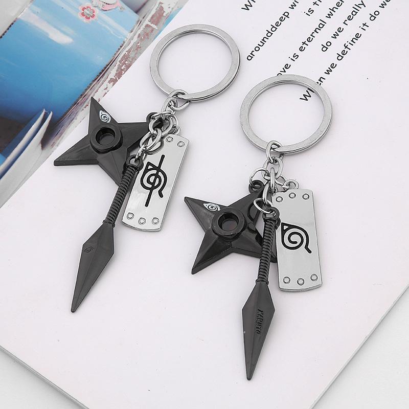 New Anime Keychain Naruto Kunai Modle Keyrings Konoha Symbol Akatsuki Pendant Key Chains Car Bag Keyfob Trinket Fans Gift