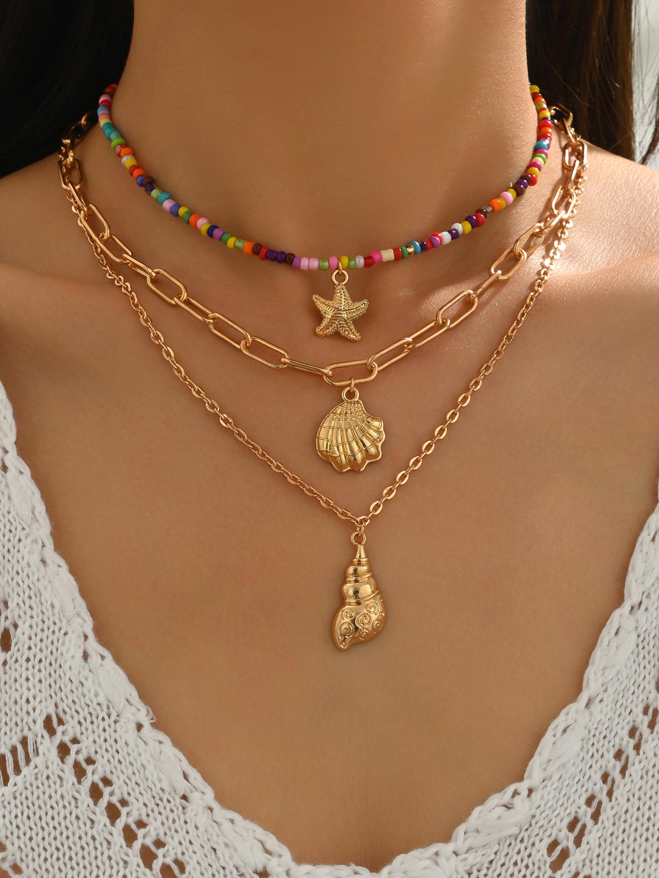 Bohemian Starfish Shell Pendant Necklace with Mixed Colored Rice Beads
