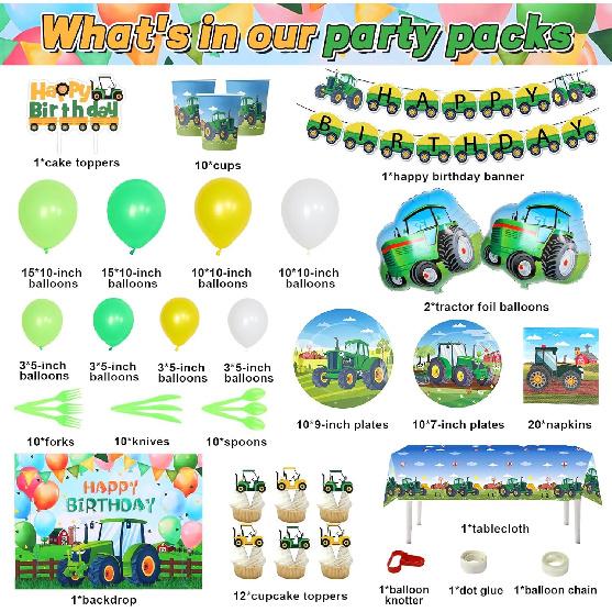 Farm Green Tractor Birthday Party Supplies, Tractor Birthday Decorations with Tractor Balloons, Backdrop, Tablecloth, Banner, Cake Toppers, John