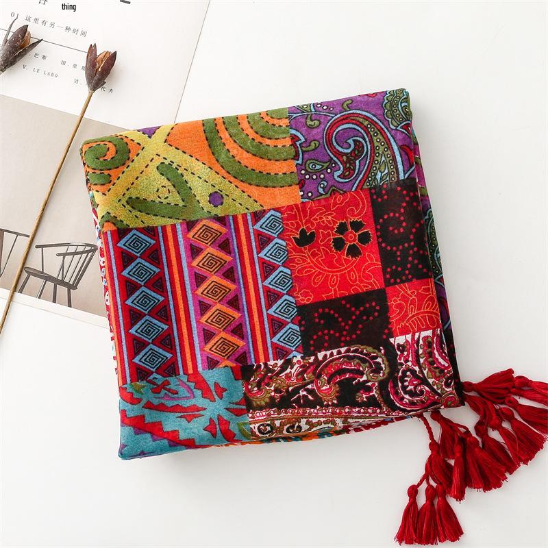 Bohemian Red Tassel Scarf - Ethnic Style Cotton-Linen Blend Shawl
