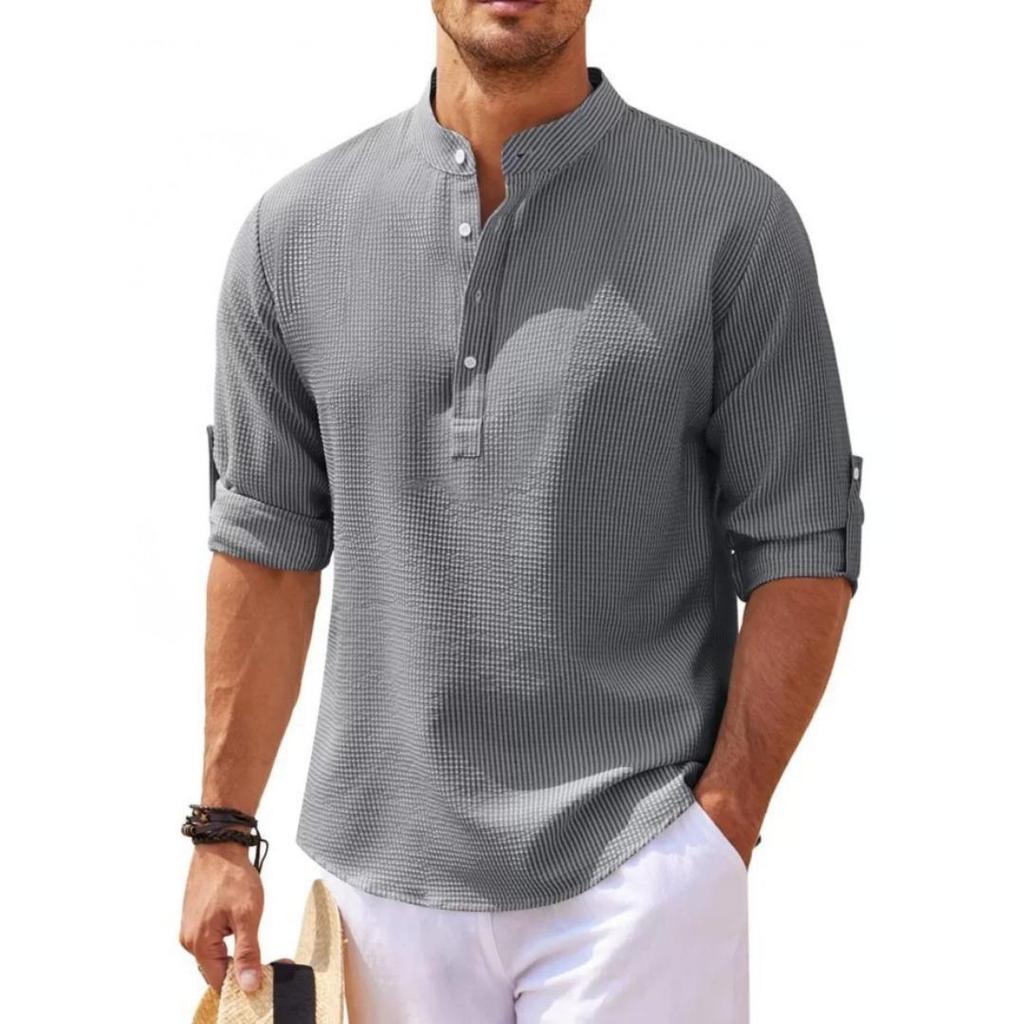 Men's Shirt Long-sleeved Stand-up Collar Open Button Pineapple Plaid Shirt Men's Casual Shirt Top
