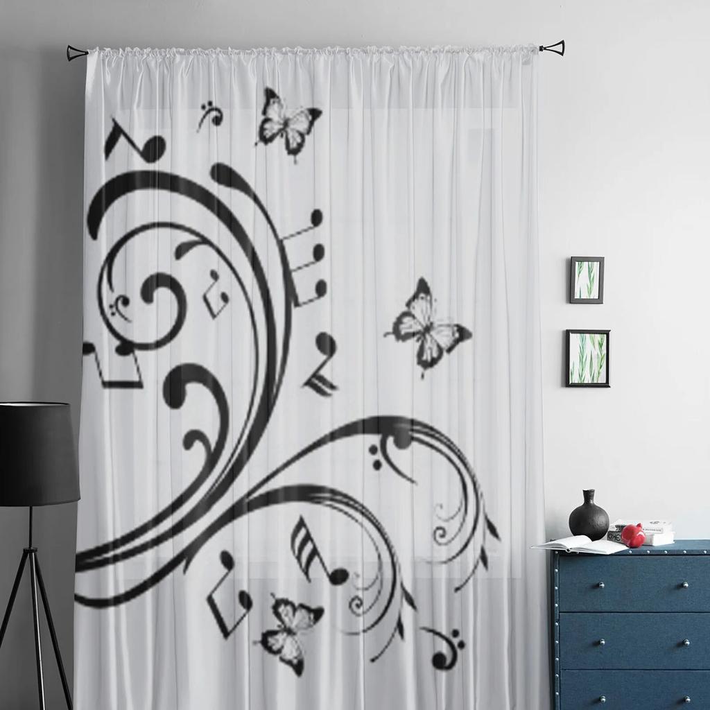 Musical Notes and Butterflies Tulle Curtains for Living Room Decoration Modern Veil Chiffon Curtains Bedroom Sheer Voile