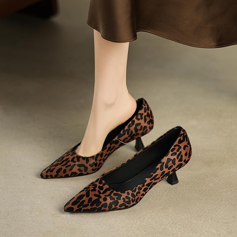 Fashion Women's New Style Horsehair Pointed Leopard Print High Heels In Large Size, Comfortable and Breathable Single Shoes, Work Shoes