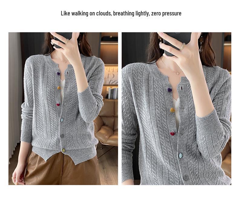 Women's 100% Pure Wool Cable Knit Cardigan with Heart Buttons, Round Neck, and Long Sleeves