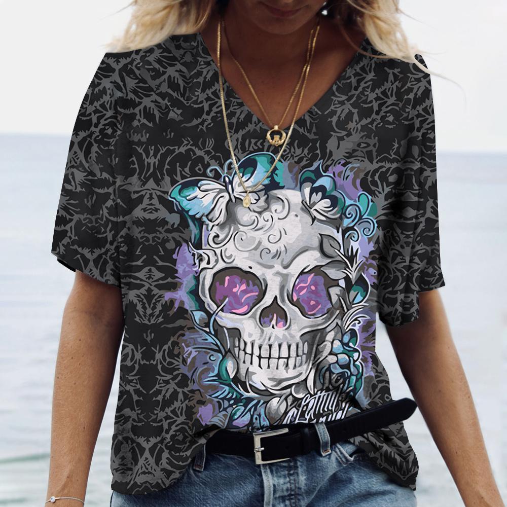Summer V-neck 3D Skull Rose Print Top Fashionable Casual Short Sleeved Women's T-shirts