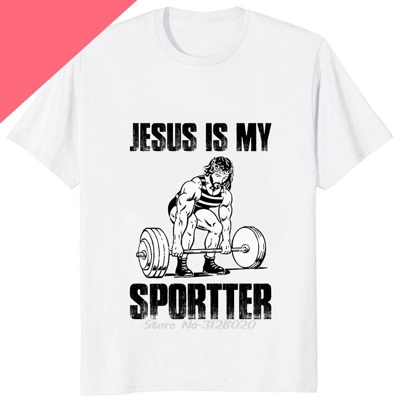 Lustiges Jesus Ist Mein Spotter Aufgedrucktes Grafik-Baumwoll-Herren-T-Shirt Humor Gewichtheben GYM T-Shirt Lässige Mode Streetwear Herren-T-Shirts