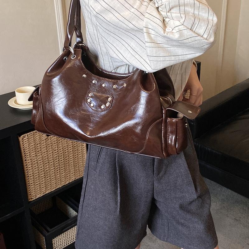 Faux Leather Hobo Bag Women Fashion Shoulder Bag With Stud Detail Soft Texture Handbag Everyday Use