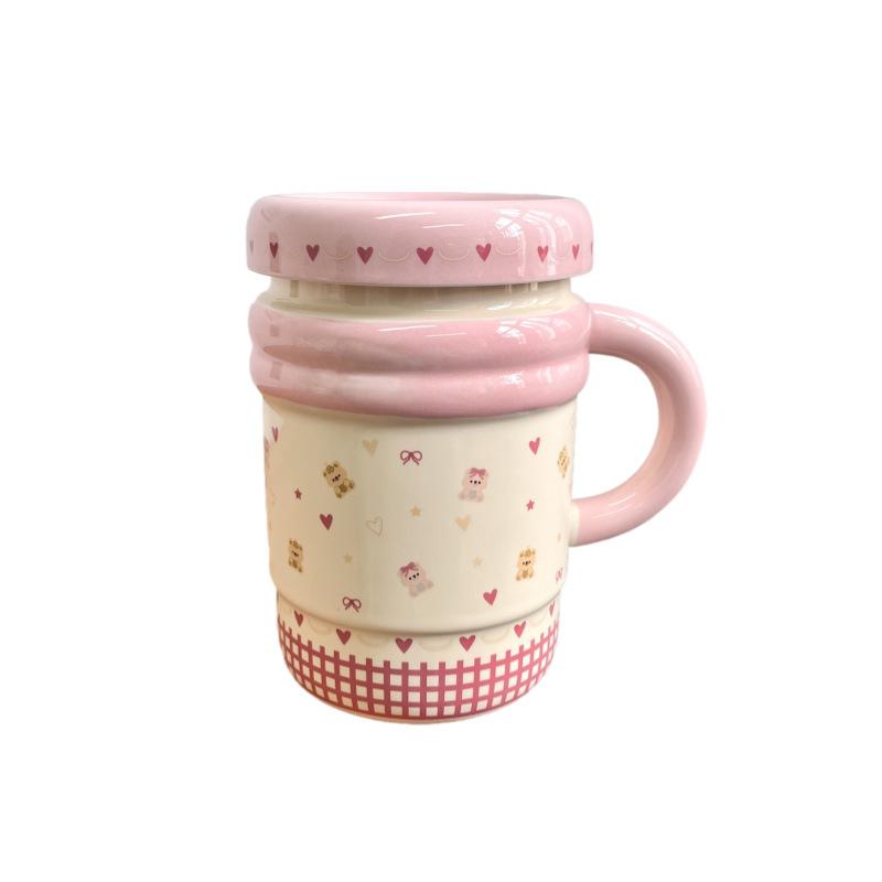 

Cute Blue Puppy Cup Gift Box High Value Ceramic Mug Souvenir Coffee Cup Birthday Gift Pink bear (cup + lid) 600ml