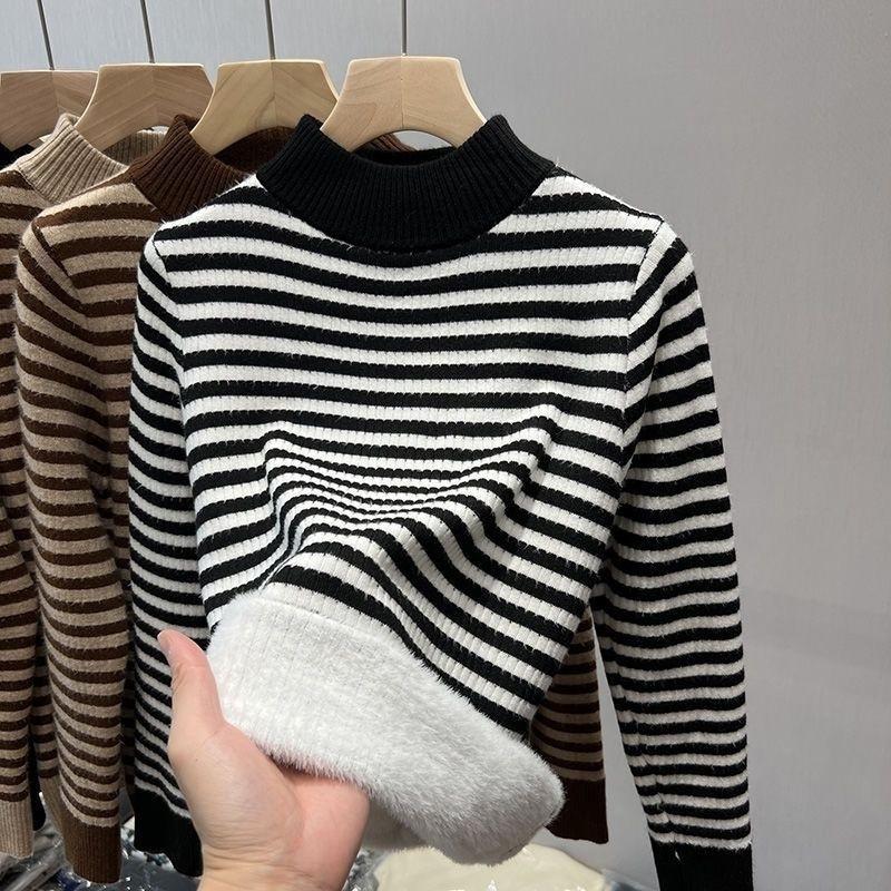Sweater for Women Autumn Winter Thickened Warm Knitted Stripes Stretchy Long Sleeve Tops