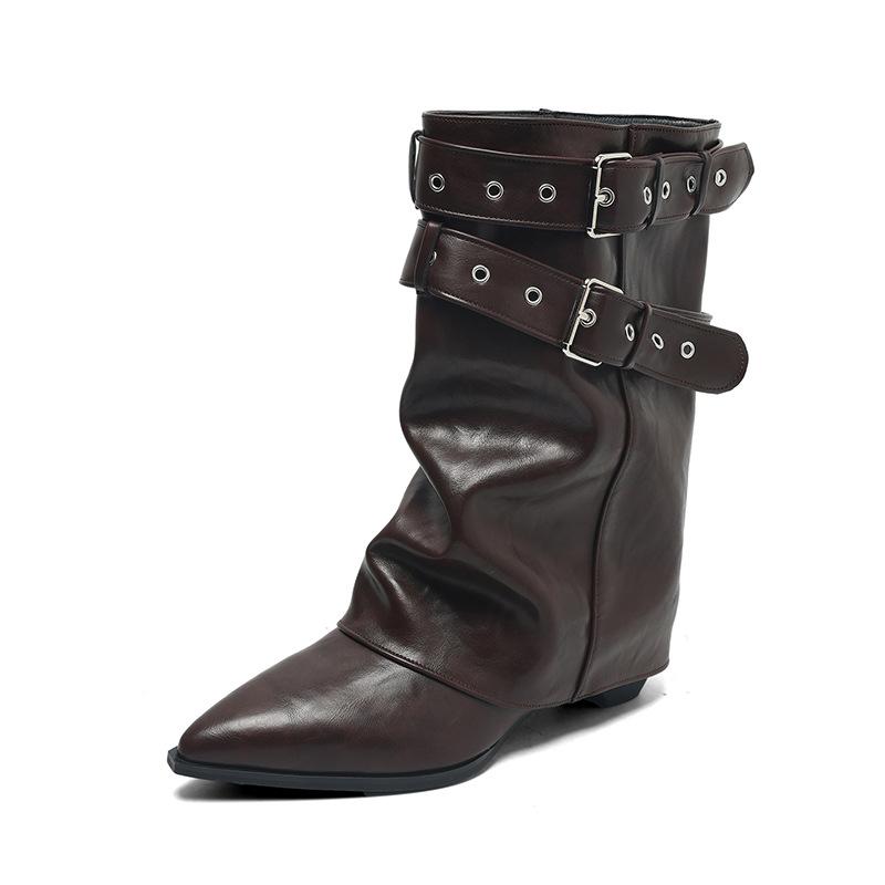 Fashion Versatile Retro Design Pointed Short Boots Willow Spikes Medium Boots Autumn and Winter Belt Buckle Thick Heel Stacked Boots