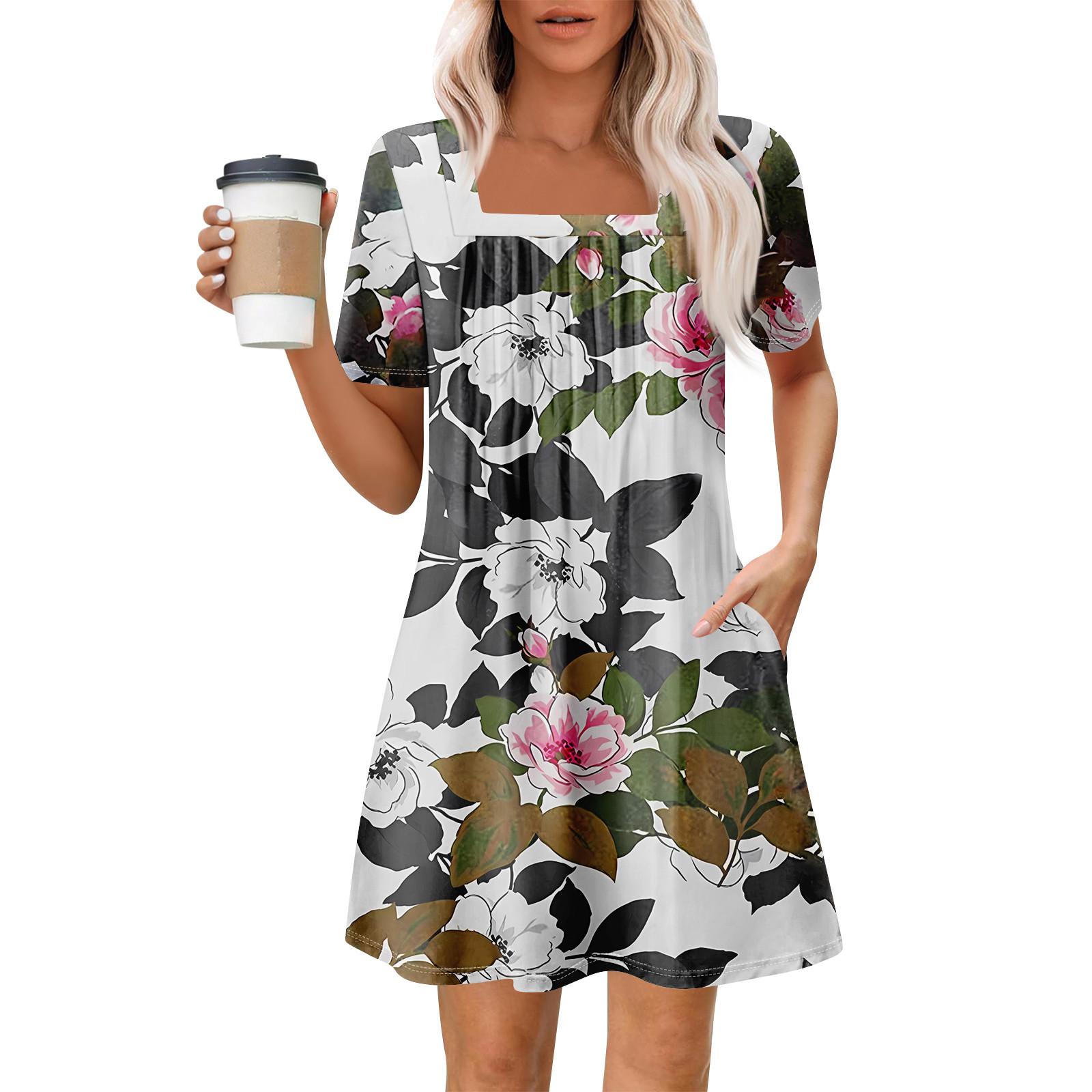 

Женские летние повседневные платья с квадратным вырезом, плиссировкой спереди и карманом, с короткими рукавами и принтом L розовый