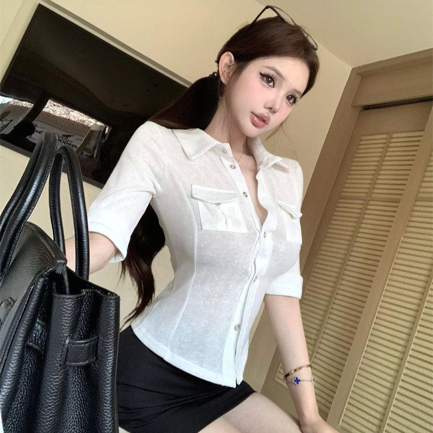 Summer new simple style white lapel mid-sleeved shirt women's design sense slim waist Spice Girl top