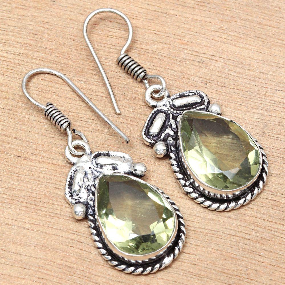 Green Amethyst Gemstone Handmade Gift For Her Silver Jewelry Earrings 1.5"