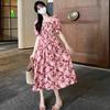 French temperament bubble sleeve floral square neck dress women's summer waist thin gentle wind first love coffee break dress