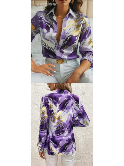 European & American Spring/Fall New Style Long Sleeve Lapel Loose Fit Digital Print Shirt