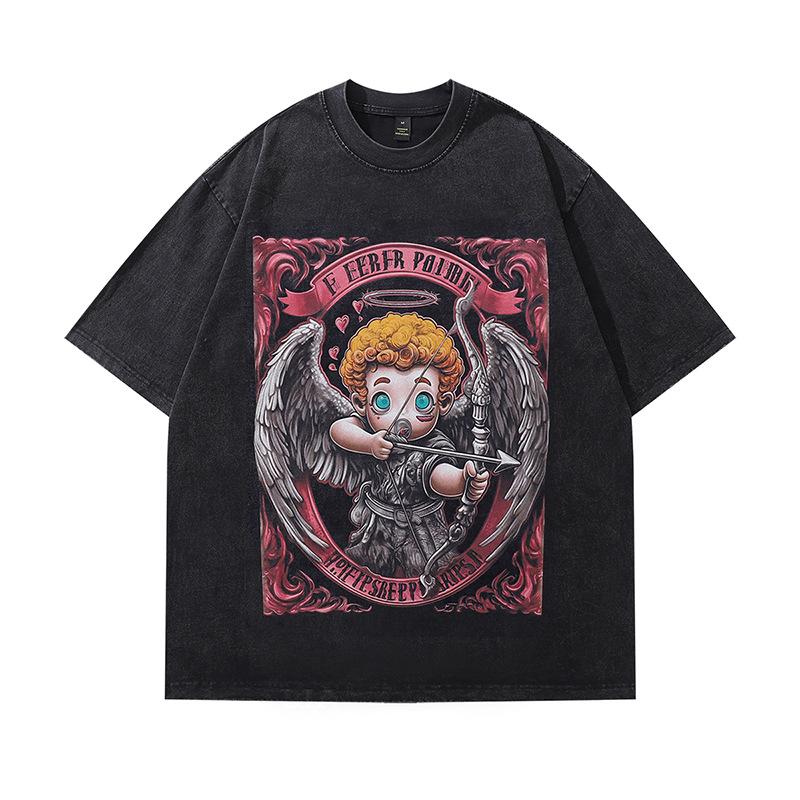 Men'S Pure Cotton Short-Sleeved T-Shirt American High Street Retro Personalized Printing Fried Color Old Vintage Tops For Men And Women