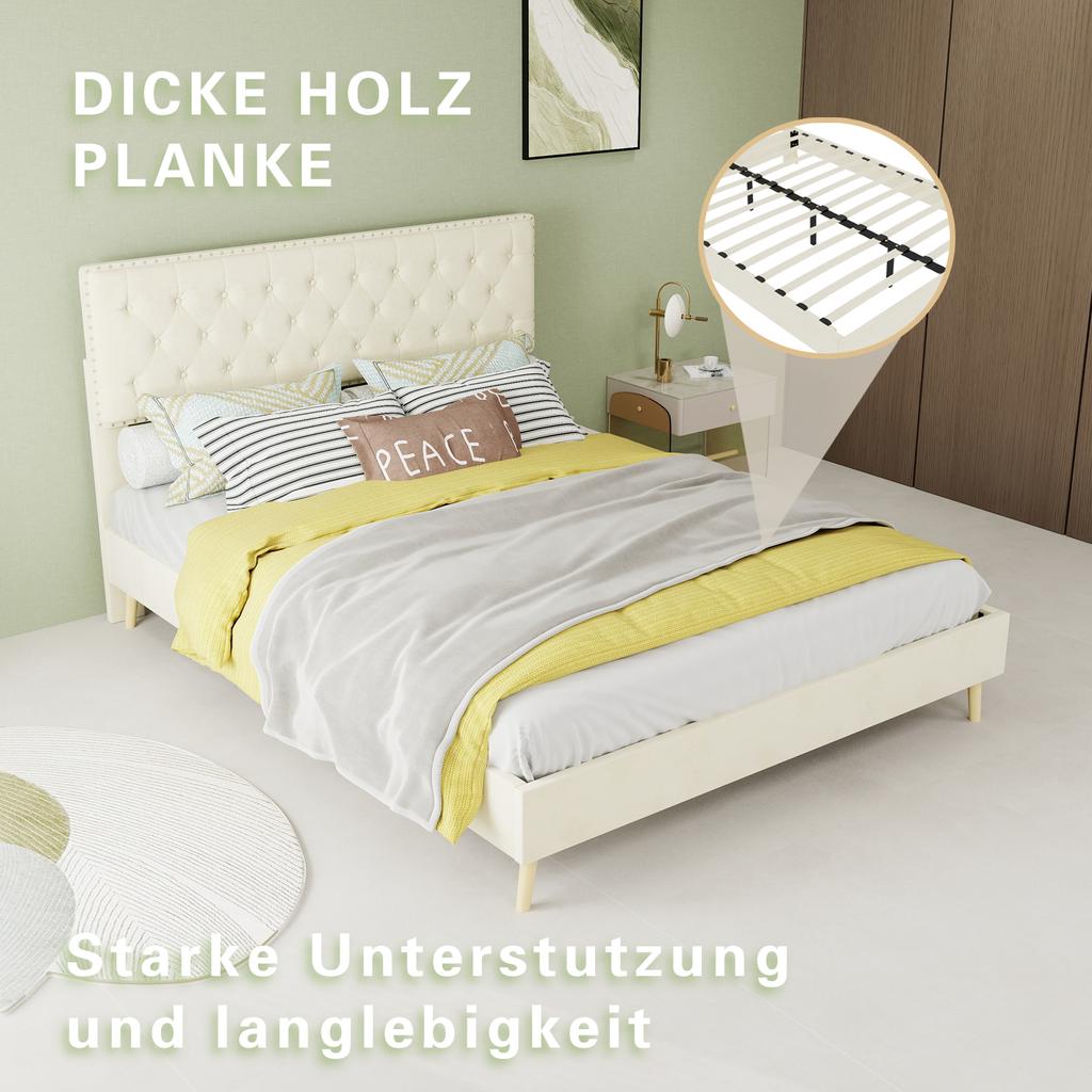 Modern minimalist soft bed, 140*200CM, beige, multifunctional bedroom furniture, low box bed frame without lifting rod, include140*200cm mattress.