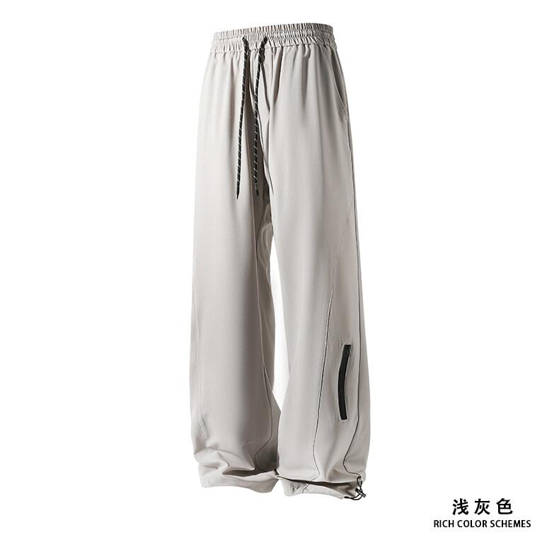 Summer Men's Ice silk Waterproof Pants Casual Zipper Can Tie Feet Solid Straight Elastic Waist Trousers Loose Daily Pants 5XL