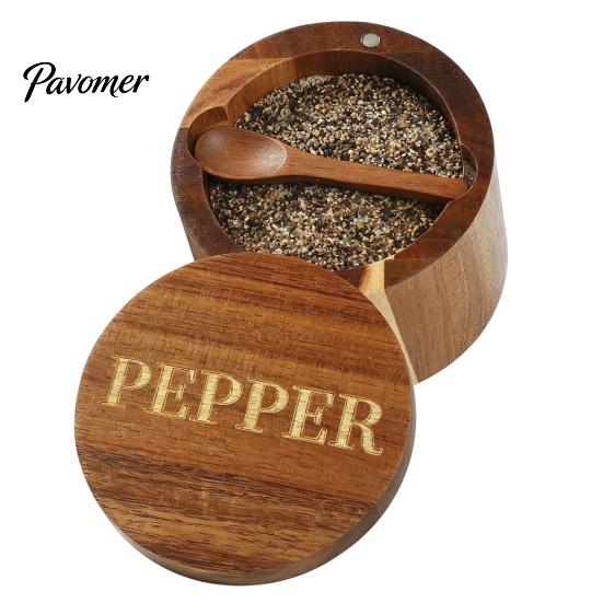 Rustic Kitchen Spice Organizer Wood Salt Container with Swivel Magnetic Lid, Built-in Spoon Seasoning Jar Jar, Moisture Proof for Countertop Solid Box