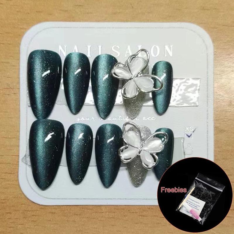 

Полный РУЧНОЙ РАБОТЫ миндалевидной формы, вращающийся дизайн ногтей-бабочки, черный, зеленый, кошачий глаз, серебристый, сверкающий, Dtars, простота, фототерапия, накладные ногти, многоразовые Rotating Butterfly-L