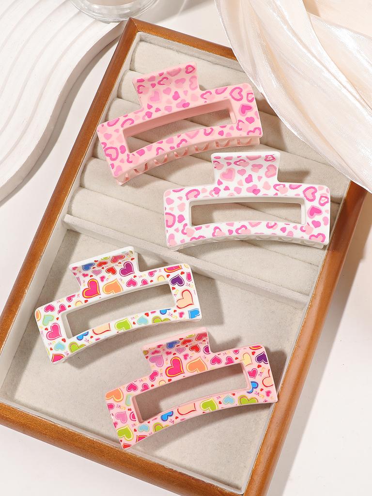 4Pcs New Print Heart Hair Claw for Women,Strong Hold Colorful Hair Clips Big Size Hair Clamps Hairpin Hair Accessories Gift
