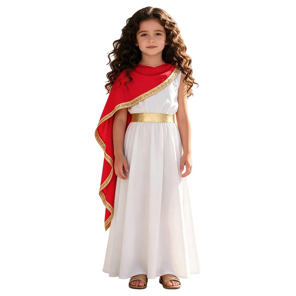 Kids Girls Greek Toga Costume with Shawl Gold Trim Metallic Waist Sleeveless Back Zip Dress for Halloween Themed Cosplay