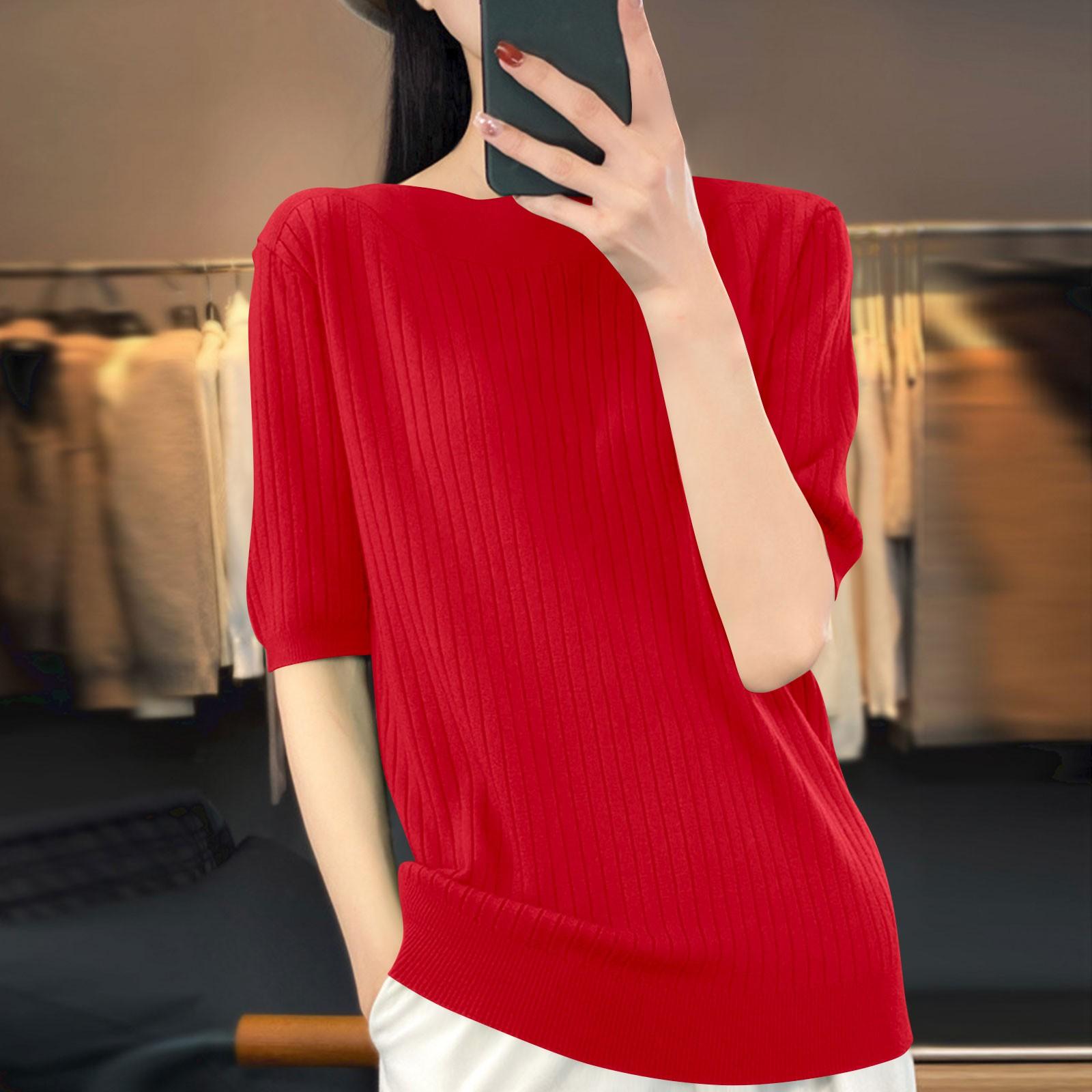 

Женская мода свободный трикотажный свитер нижняя часть рубашки круглый вырез пуловер короткий рукав однотонный топ XL красный
