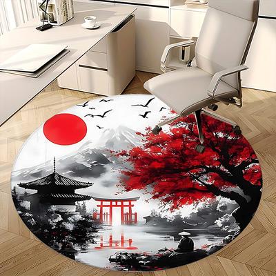 Japanische Landschaft, Traditionelle Pagoden-Szene Stuhlmatte Runder Teppich Büroteppich, Maschinenwaschbar, Rutschfest, Geeignet für Wohnzimmer, Schlafzimmer