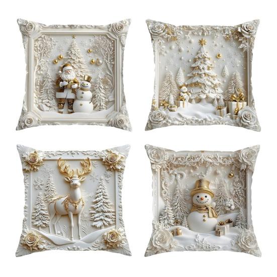 4Pcs Christmas Throw Pillow Cover White Santa Claus Snowman Xmas Tree Reindeer Cushion Cover Xmas Decorative Pillow Cover for Home Sofa Bed Couch
