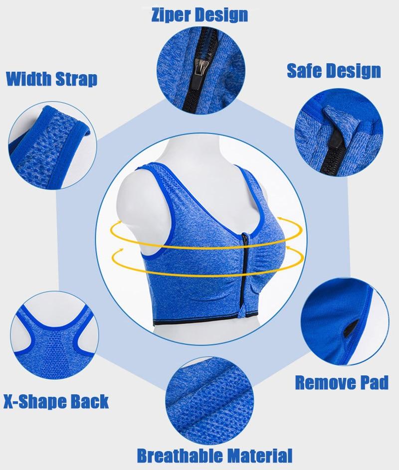 Sports Yoga Bra Front Zipper Top Fitness Push Up Gym Running Shockproof Shirt Workout Fast Dry Vest