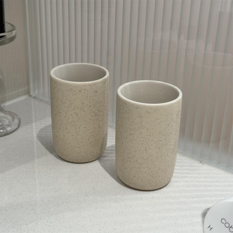 Japanese Style Ceramic Cup Set Hotel Home Bathroom - 280ml Sand Color Toothbrush Holder With Bamboo Tray