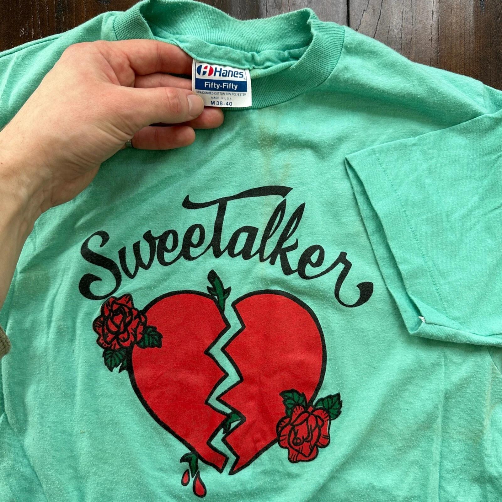 

Sweet Talker Heartbreak Vintage T Shirt 80s Green Single Stitch Love Roses Cool S