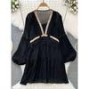 Lantern Sleeve Tassel V-neck Patchwork Loose A- line Dress