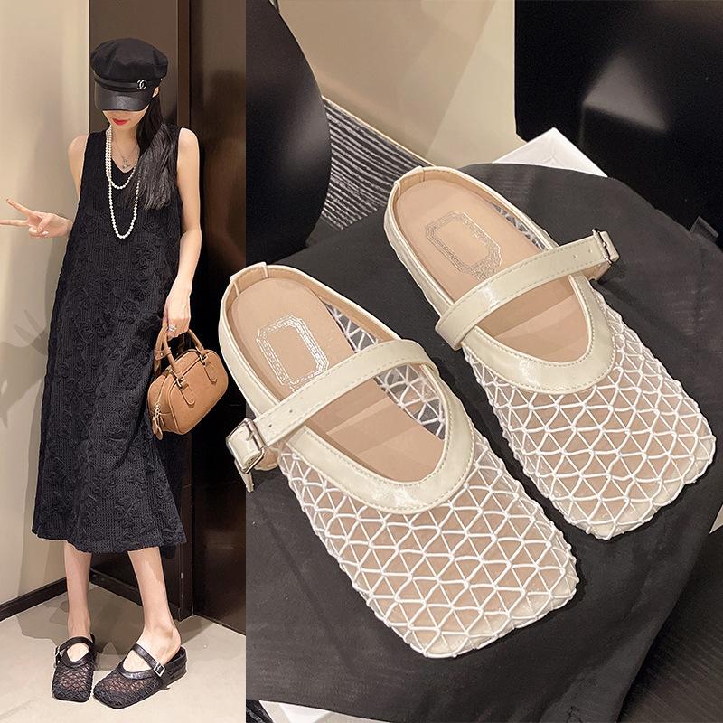 Flat-bottomed French bag head, half slippers, outer wear women's shoes, new mesh breathable and comfortable soft-soled sandals in summer 2025