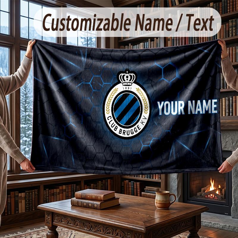 Custom Name Flannel Throw Blanket Club Brugge FC Pattern Warm Home Decoration