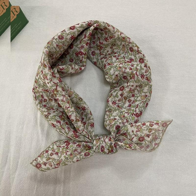 New Versatile Scarf Women's Cotton Linen Small Square Sweet Countryside Floral Lightweight Breathable Sunscreen Headscarf Wholesale